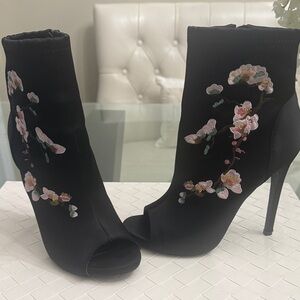Embroidered Black Peep-Toe Stiletto Booties - Floral Accent